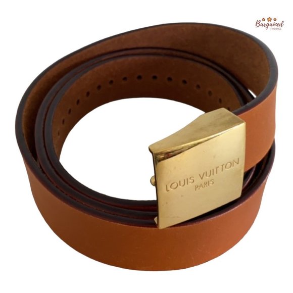 Authentic Louis Vuitton Orange Leather Ceinture Carre Gold Buckle Adjustable Bel - Picture 1 of 13